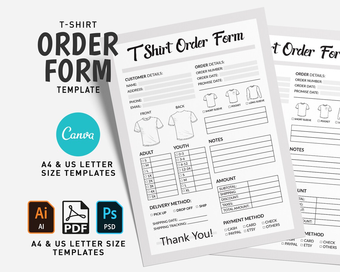 T Shirt Order Form Template Printable Shirt Order Form | Etsy