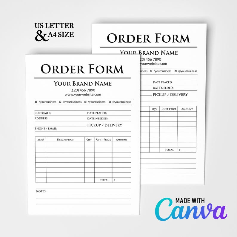 Editable Business Order Form Template, Printable Invoice (canva ...
