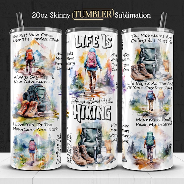 Hiking Tumbler Wrap, Seamless Tumbler Wrap, 20oz Skinny Tumbler Wrap, Hiking Tumbler Design, Sublimation Tumbler, Watercolor Hike Tumbler