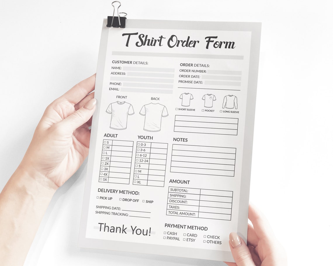 T Shirt Order Form Template Printable Shirt Order Form Etsy