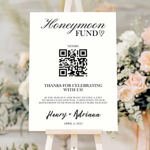 Signe de code QR de fonds de lune de miel, modèle de signe de fonds de mariage, signe de cadeau en espèces, signe de fonds de lune de miel Canva, signe de cadeaux de mariage, signe de code QR Venmo