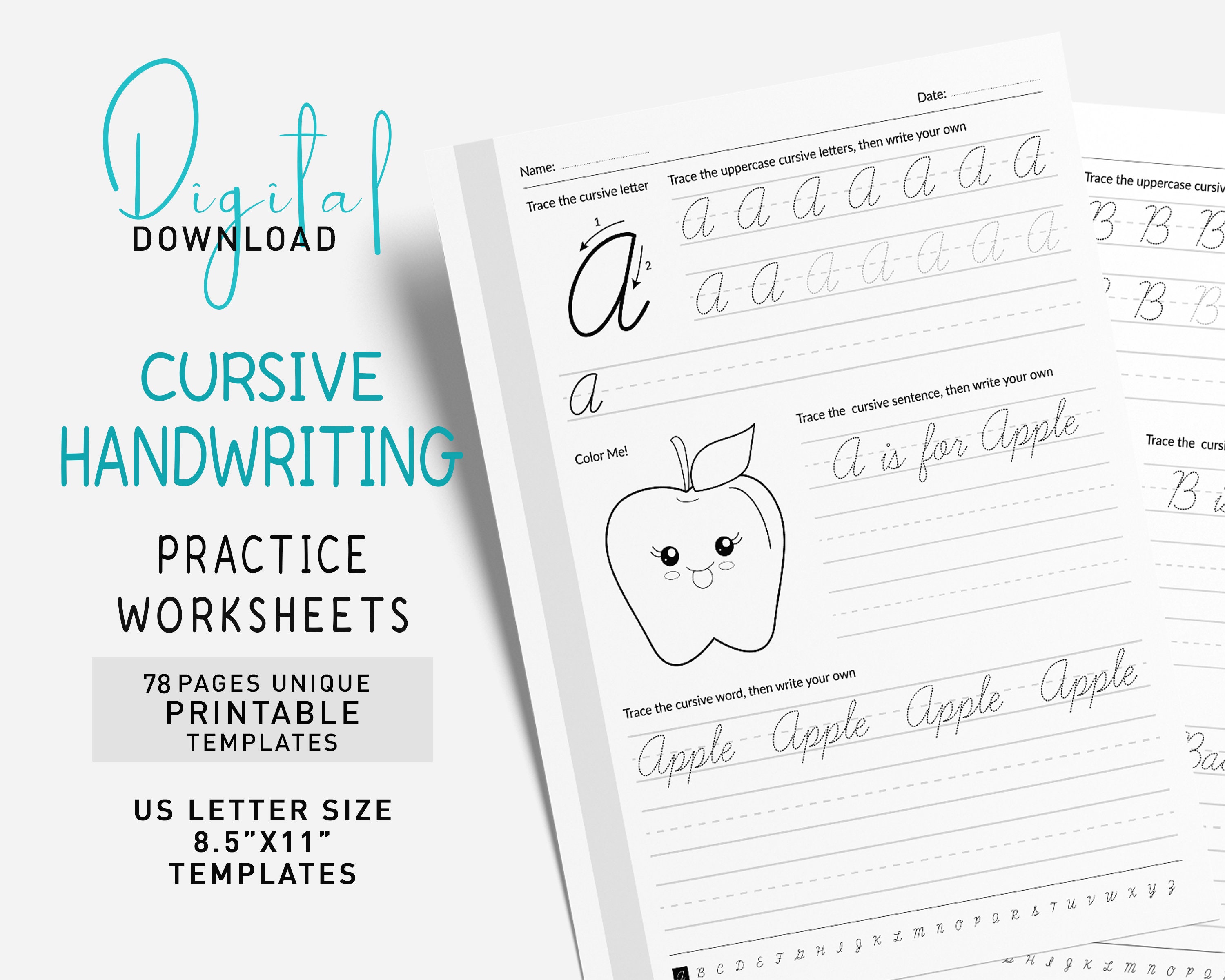Cursive Handwriting Workbook: Practice Sheets, Letters, Words (PDF) - Etsy, image size:3000x2400