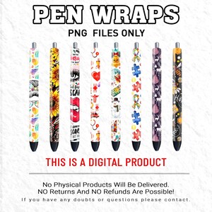Pu&ograve; includere: Otto diversi involucri per penne con vari disegni, tra cui girasoli, labbra, simboli medici, pupazzi di neve, pezzi di puzzle e api. Il testo "PEN WRAPS" e "PNG FILES ONLY" &egrave; nella parte superiore dell'immagine. Il testo "THIS IS A DIGITAL PRODUCT" &egrave; nella parte inferiore dell'immagine.