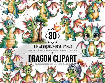 Watercolor Dragon Clipart Bundle, Fantasy PNG Images (Digital Download)