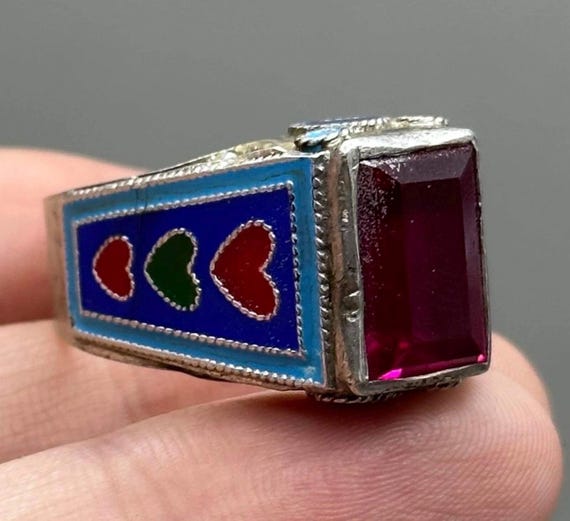 Vintage Original ruby stone old solid silver Stun… - image 3