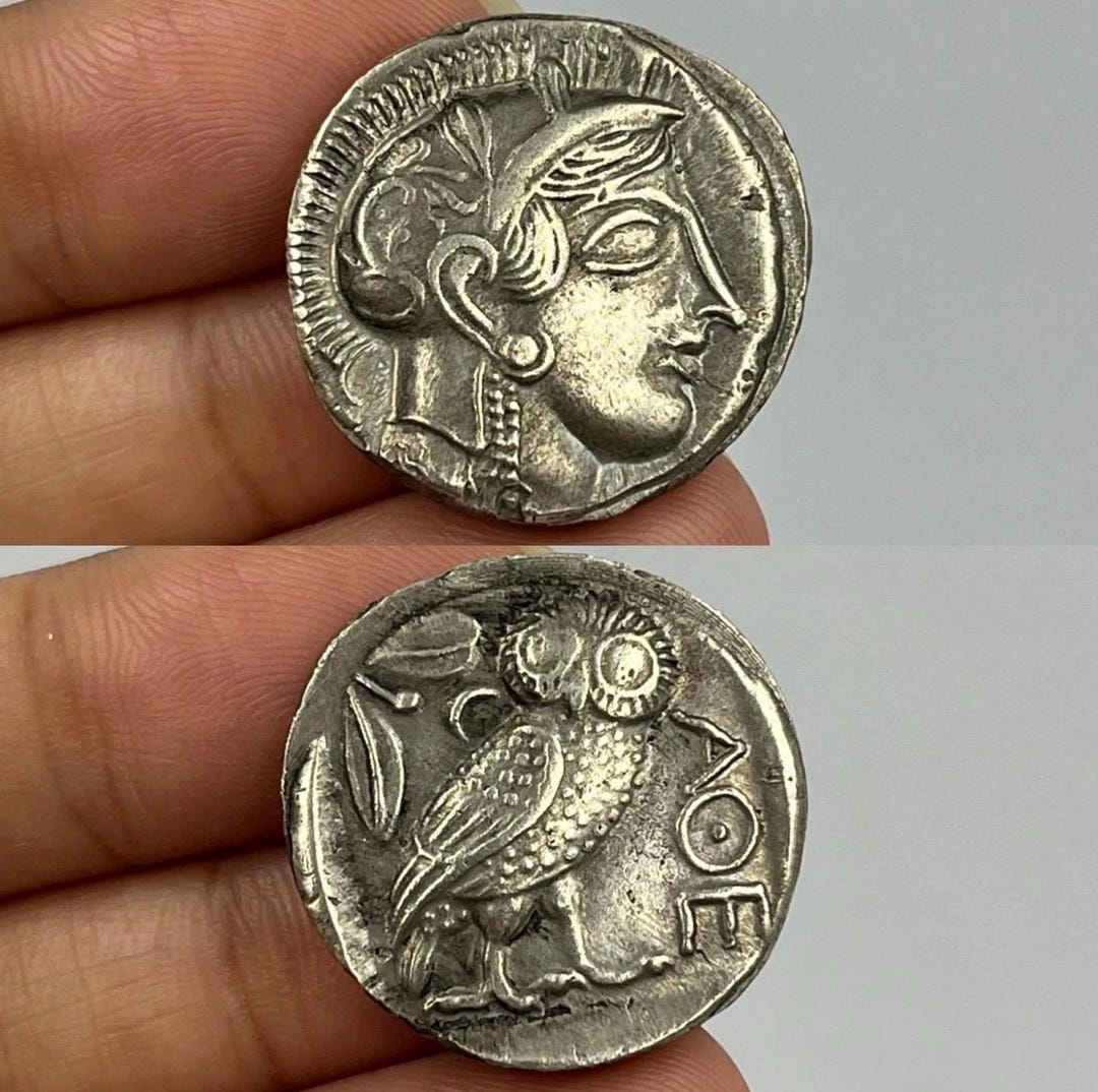 Ancient Greek Attica Athena Owl Silver Tetradrachm Coin Circa 454-404 ...
