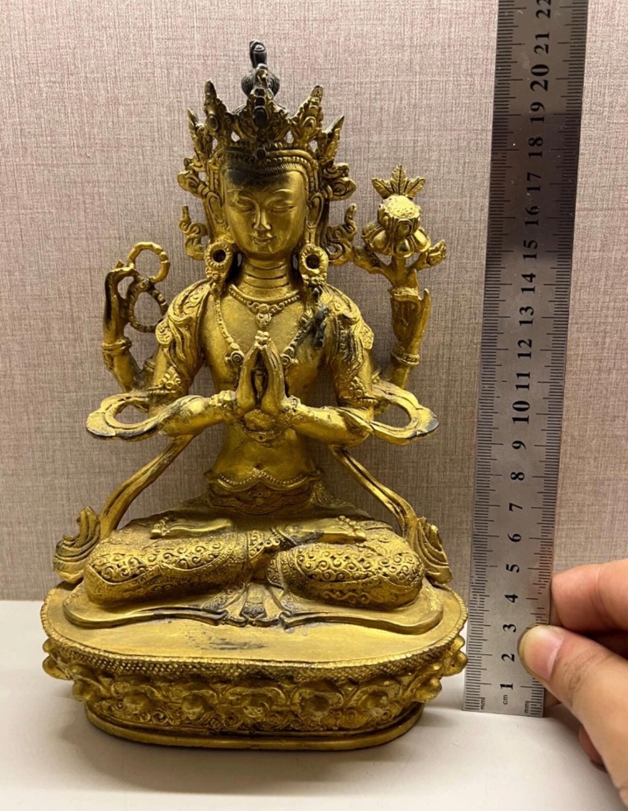 古いチベットの青銅製の金箔を施した長寿仏の長寿の女神像の彫刻 