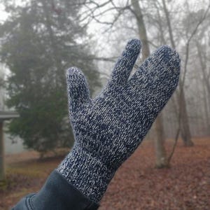 May include: A blue and white knitted glove with a three-finger design. The glove is made of a textured material and has a ribbed cuff. The background shows a foggy forest with brown leaves.