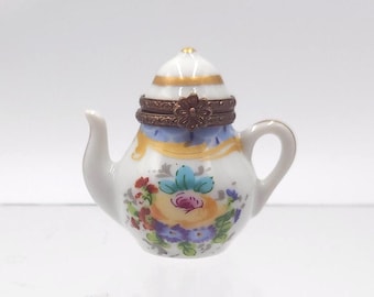 Charming Floral Teapot Box by Limoges, France - Hand painted with Gold Detailing