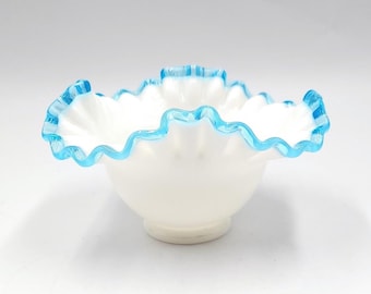Fenton Aqua Crest Flared Bowl - Round Crimped Blue Dish - Discontinued Item - Circa 1940's