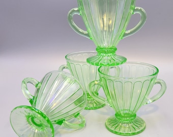 Hazel Atlas Uranium Glass Sugar Bowls: Ribbon Series Footed Dishes