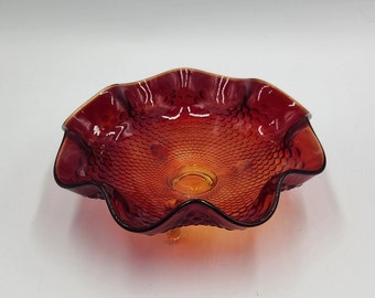 Vintage Fenton Amberina Hobnail Glass Footed Ruffled Dish - 1960s