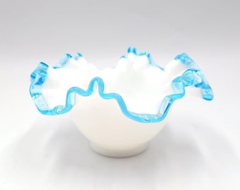 Fenton Aqua Crest Flared Bowl - Round Crimped Blue Dish - Discontinued Item - Circa 1940's