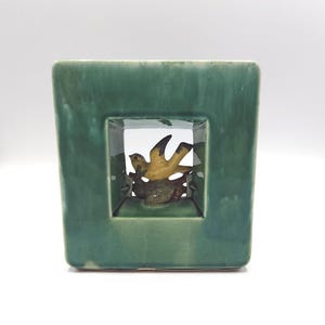 Vintage McCoy Pottery Vase: Arcature Green Square Vase with Bird