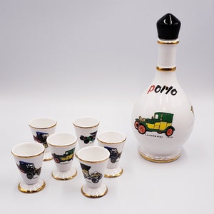 Vintage Loucarte Portugal #1028-  Porto Decanter with matching glasses (6)- Gold trim - Original in Box- Never used