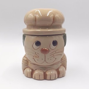 Barattolo vintage in ceramica per biscotti o dolcetti a forma di gatto, prodotto da Mount Clemens Pottery.