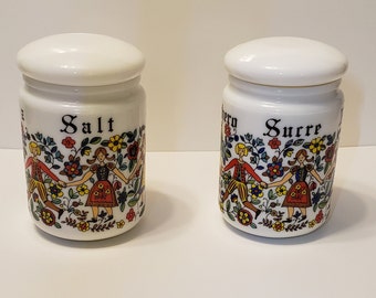 vintage années 1970 - Sel en verre de lait et pot de sucre/récipient de boîte avec couvercle en plastique. - BORMIOLI - ITALIE