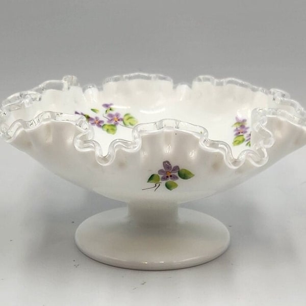 Vintage Fenton Glassware, White Inlay with Silver Crest, Pedestal Compote - Candy Dish - Hand Painted Purple Floral - Signed and Marked