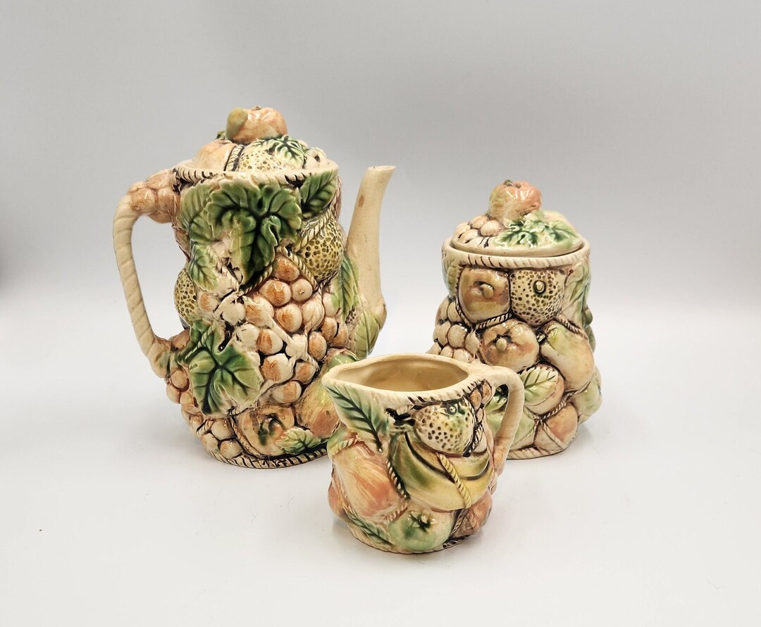 Vintage Tilso Japan Teapot, Creamer and Sugar Set Hand Painted and