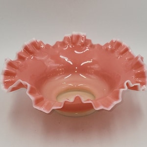 Antique Victorian Pink Glass Bowl: Hand Blown Ruffled Edge