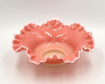 Antique Victorian Pink Glass Bowl: Hand Blown Ruffled Edge