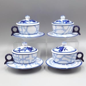 Vintage Bombay Company Tea Cups with Lids: Blue & White Ceramic, Set of 4