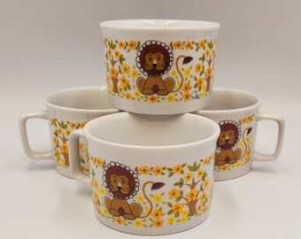 Vintage Jungle Safari Mugs - Soup Mug -Original Design by Saltera - Himark - Japan- Lion and yellow flowers -