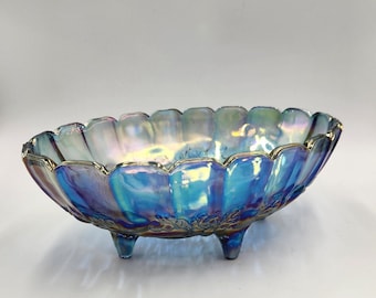 Large Footed Indiana Carnival Blue Glass Fruit Bowl - Centerpiece - Scalloped Edge - Collectable Glass