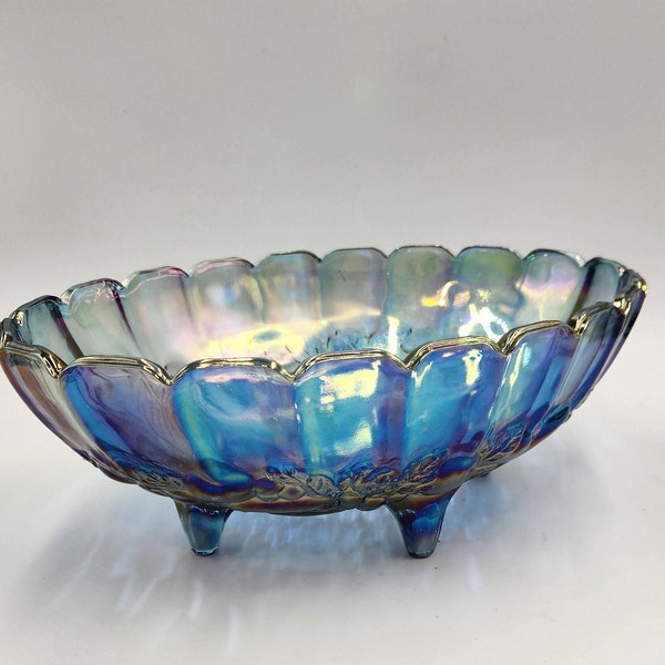 Large Footed Indiana Carnival Blue Glass Fruit Bowl - Centerpiece - Scalloped Edge - Collectable Glass