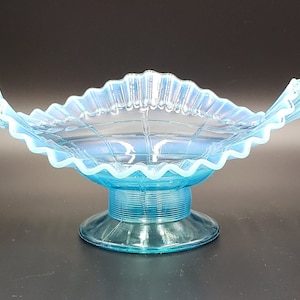 Vintage Blue Opalescent Ruffled Bowl: Jefferson Glass Centerpiece