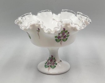 Vintage Fenton Compote: Hand-Painted Floral Silver Crest Pedestal Dish