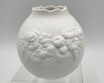 Vintage Kaiser White Matte Porcelain Round Vase, Embossed Flowers Pattern and Wavy Rim - West Germany