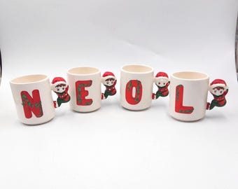 Vintage Ceramic Christmas Elf Mugs - House of Lloyd NOEL Set