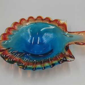 Vintage Crimson and Aqua Handblown Italian Art Glass Fish Bowl/ Dish - Murano Style Bowl