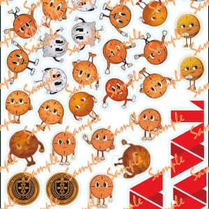 May include: A sheet of stickers featuring various cartoon clock faces with different expressions. The clocks are orange and have black hands and black eyes. There are also some gray and white clock faces with black hands. The stickers are on a white background.