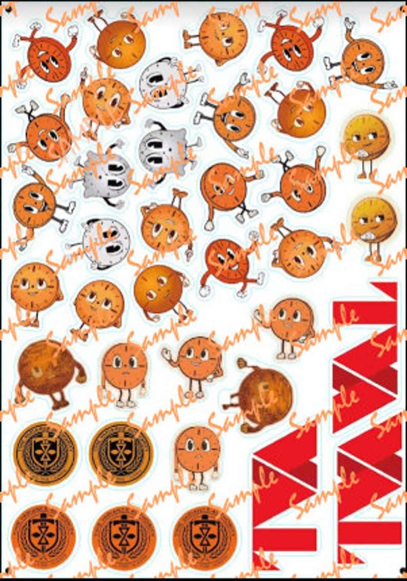 May include: A sheet of stickers featuring various cartoon clock faces with different expressions. The clocks are orange and have black hands and black eyes. There are also some gray and white clock faces with black hands. The stickers are on a white background.