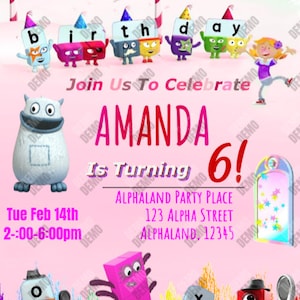 Alphablocks Numberblocks Birthday Invitation（Pink/Purple Theme）, Alphablocks Party, Printable and Digital Invitation