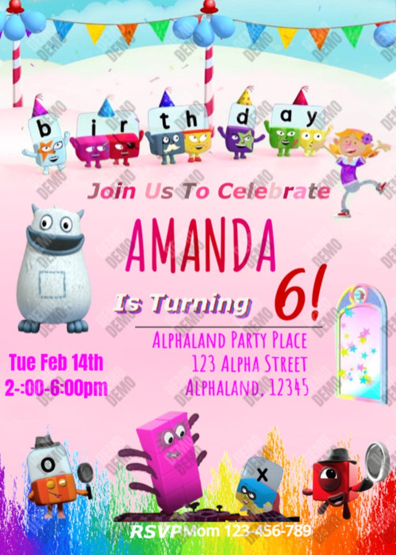 Alphablocks Numberblocks Birthday Invitation（pink/purple Theme