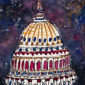 Démocratie | Capitole des États-Unis, Washington, DC Impression d'art aquarelle 5 x 7 | Série Polaroid