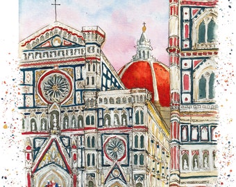 Piazza del Duomo | Florence, Italy 8x10 Watercolor European Cityscape Renaissance Architecture Art Print