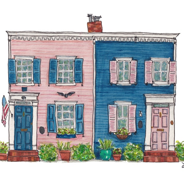 Old Town Alexandria Rowhouses | 8x10 Watercolor Historic Architecture Art Print