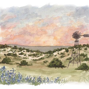 May include: Watercolor painting of a rural landscape at sunset. The artwork features a windmill, green bushes, and blue wildflowers in the foreground. The sky transitions from pink to blue, creating a serene atmosphere.