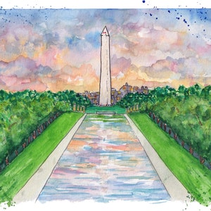 Monumental Views | Washington DC 8x10 Watercolor Monuments, National Mall Sunset Art Print