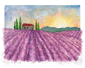 Lavendelfelder | Provence, Frankreich 8x10 Aquarell Europäische Landschaft Kunstdruck