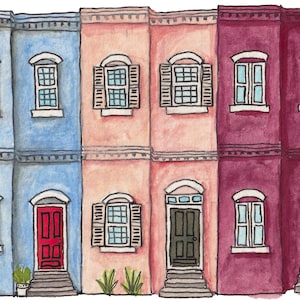 Casas geminadas em Washington DC | Impressão artística de arquitetura histórica em aquarela 8x10