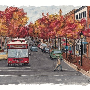 May include: Watercolor painting of a street scene with a red trolley bus, cars, and pedestrians. The street is lined with buildings and trees with red and orange foliage. The sky is overcast.