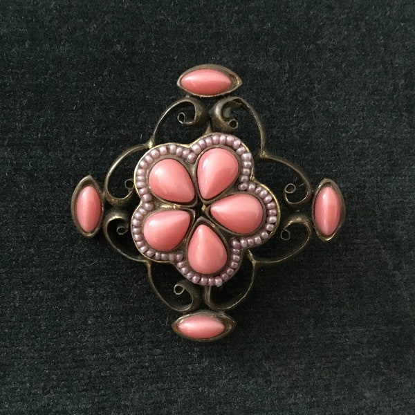 Magnifique broche vintage CHORANGE PARIS, cabochons roses, épingle en bronze