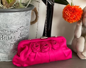 Vintage Hot Pink Clutch Bag, Pink Satin Evening Bag with Rose Detail, Special occasion Bag