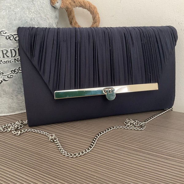 Stylish Navy Blue DEBUT Evening Bag, Pleated Front Silky Special Occasion Bag, Clutch Bag