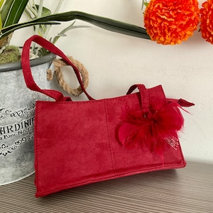 Schöne Burgund Handtasche, Wildleder Wie Tasche mit Feder Blume, Besondere Anlässe Tasche